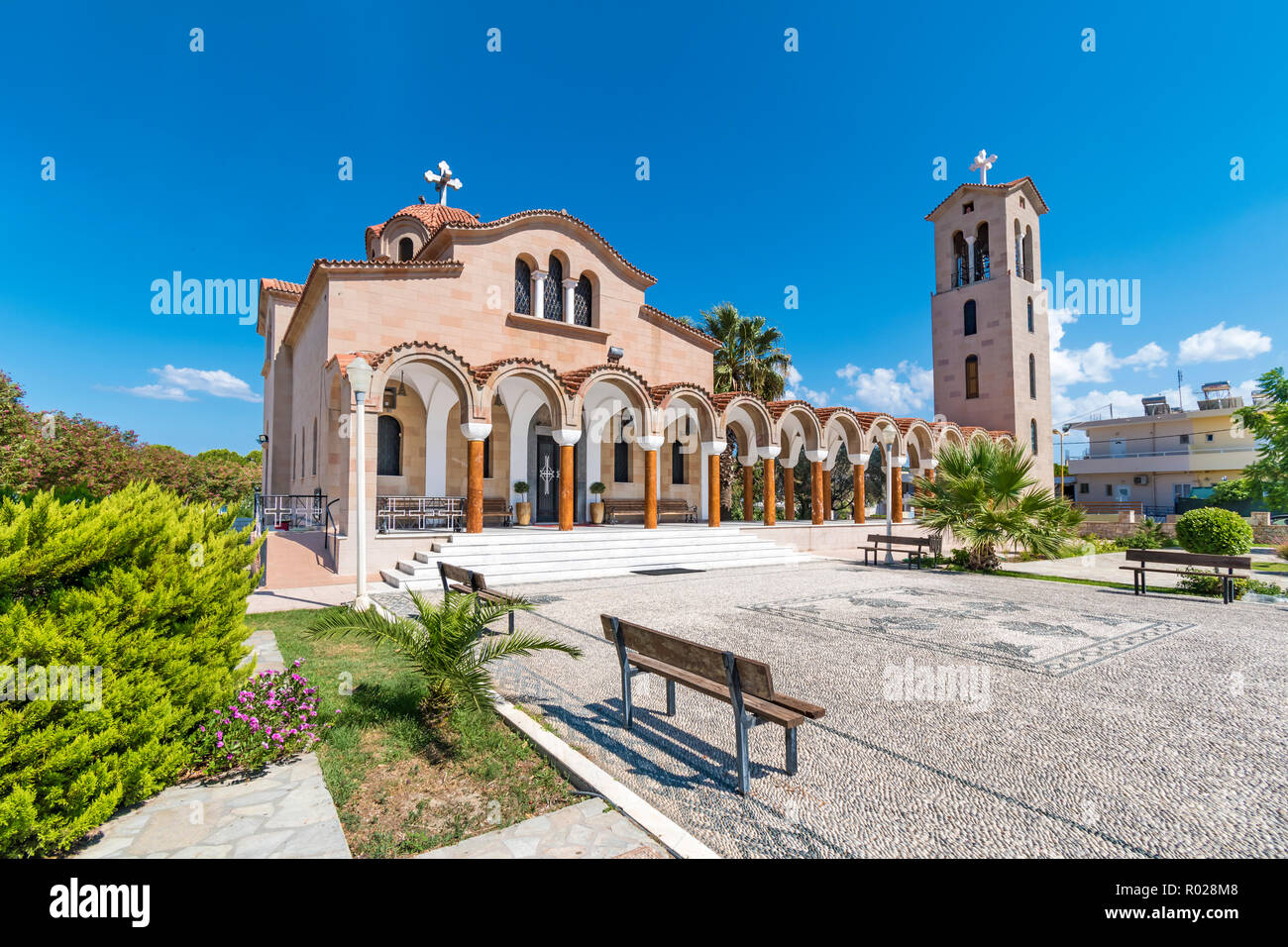 Orthodox church of Saint Nektarios with bell tower in Faliraki (Rhodes, Greece) Stock Photo
