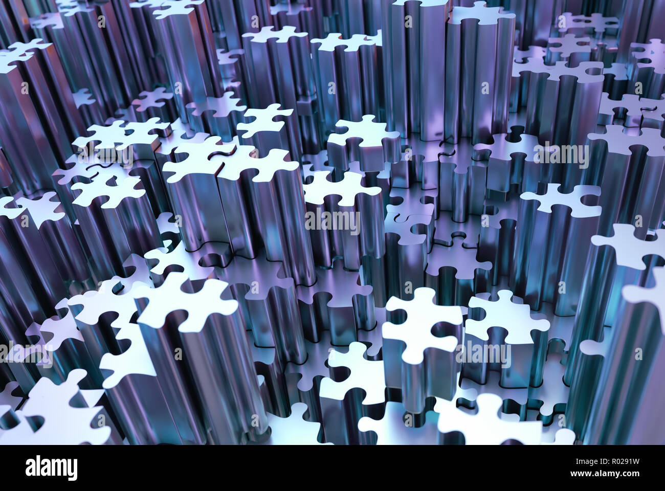 3D illustration abstract background. Image of puzzle pieces in chrome