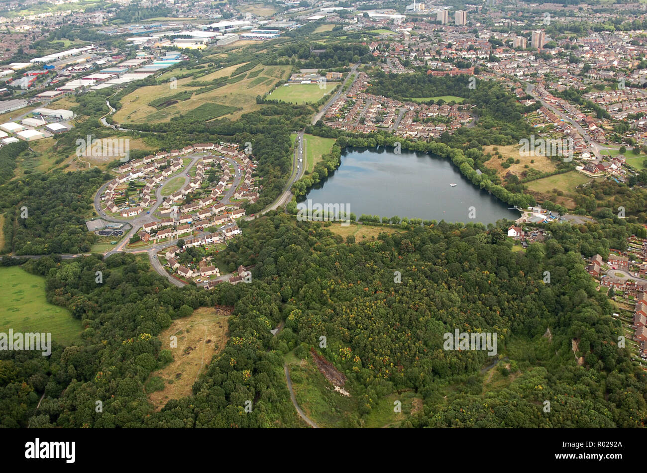 Aerial view of Netherton Reservoir, Saltwell Nature Reserve and the Lodge Farm Estate. Stock Photo