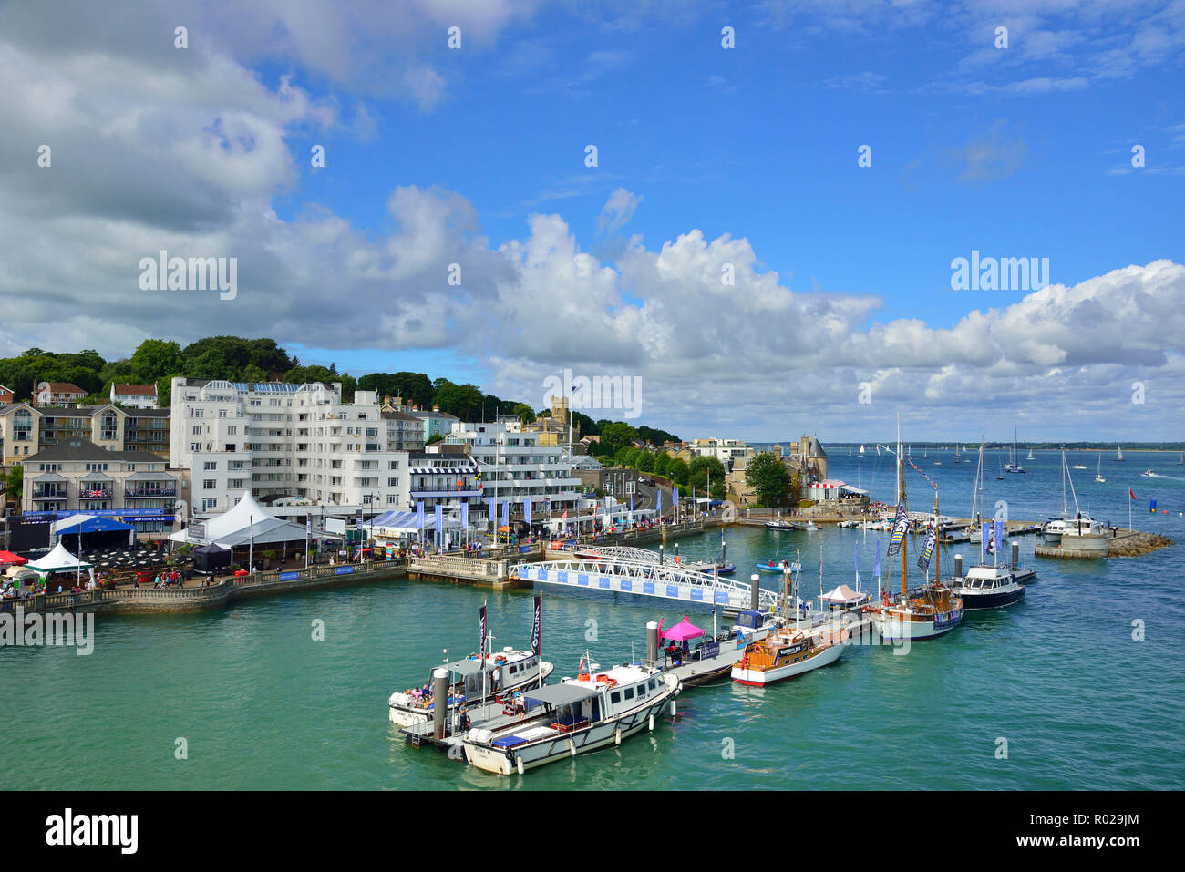 Elevated view of Cowes Harbour on a sunny day looking out towards the Solent during Lendy Cowes Week (2018), Cowes, Isle of Wight, UK Stock Photo