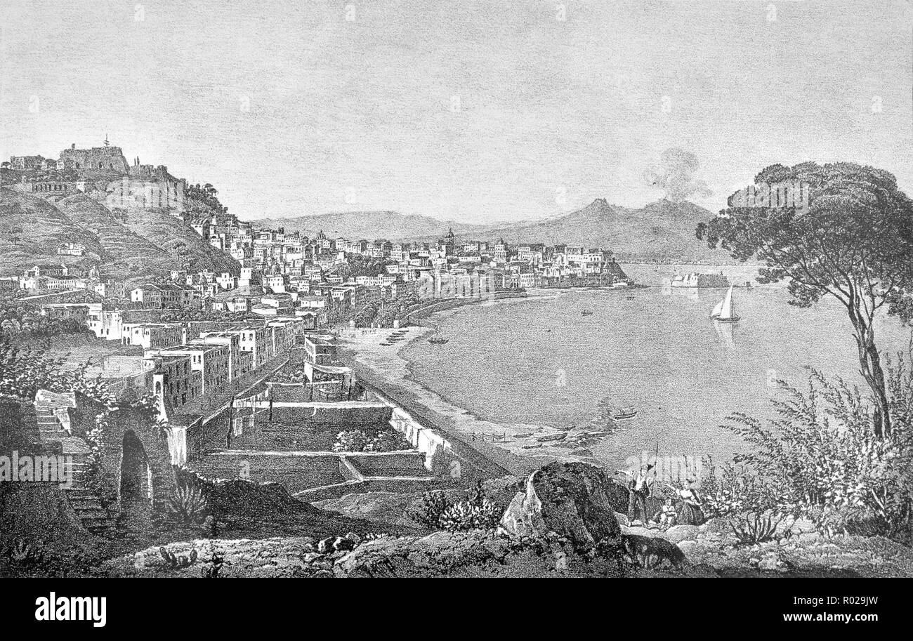 Naples gulf, harbour with vesuvius print of litograph after painting by Giouè Cattaneo 1850 Italy Stock Photo