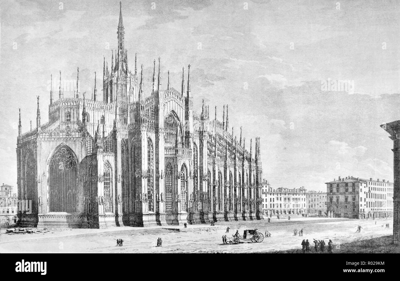 Milan Cathedral print of drypoint engraving  by Domenico Aspari 1791 Italy Stock Photo