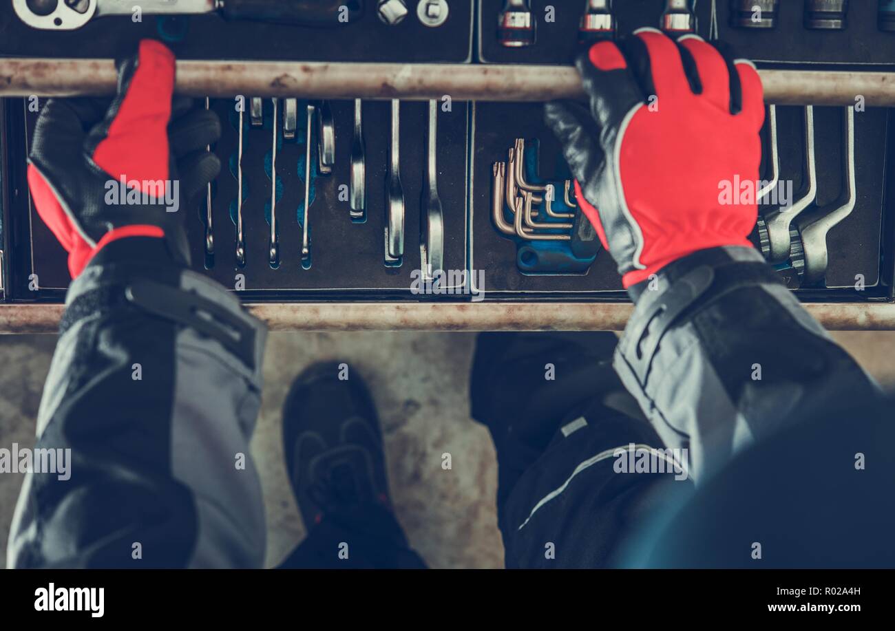 Mechanic Tools Box. Auto Service Worker Looking For Right Tool For. Stock Photo