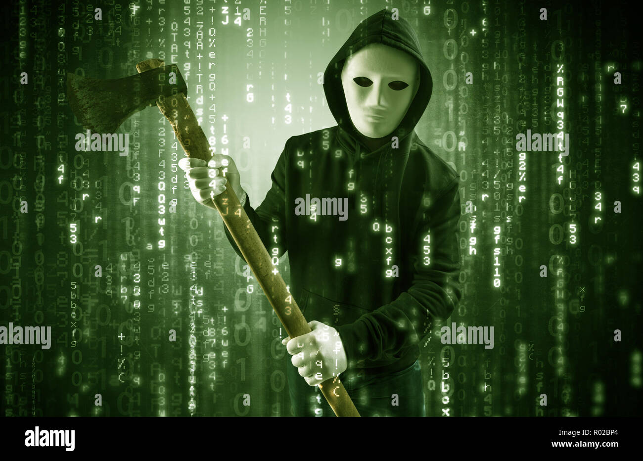 Masked and armed anonymous hacker breaking in cyber security cloud data concept  Stock Photo