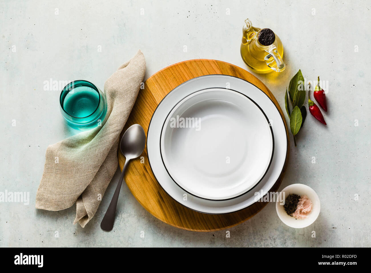 empty set of plates on the table. serving for dinner or lunch Stock ...