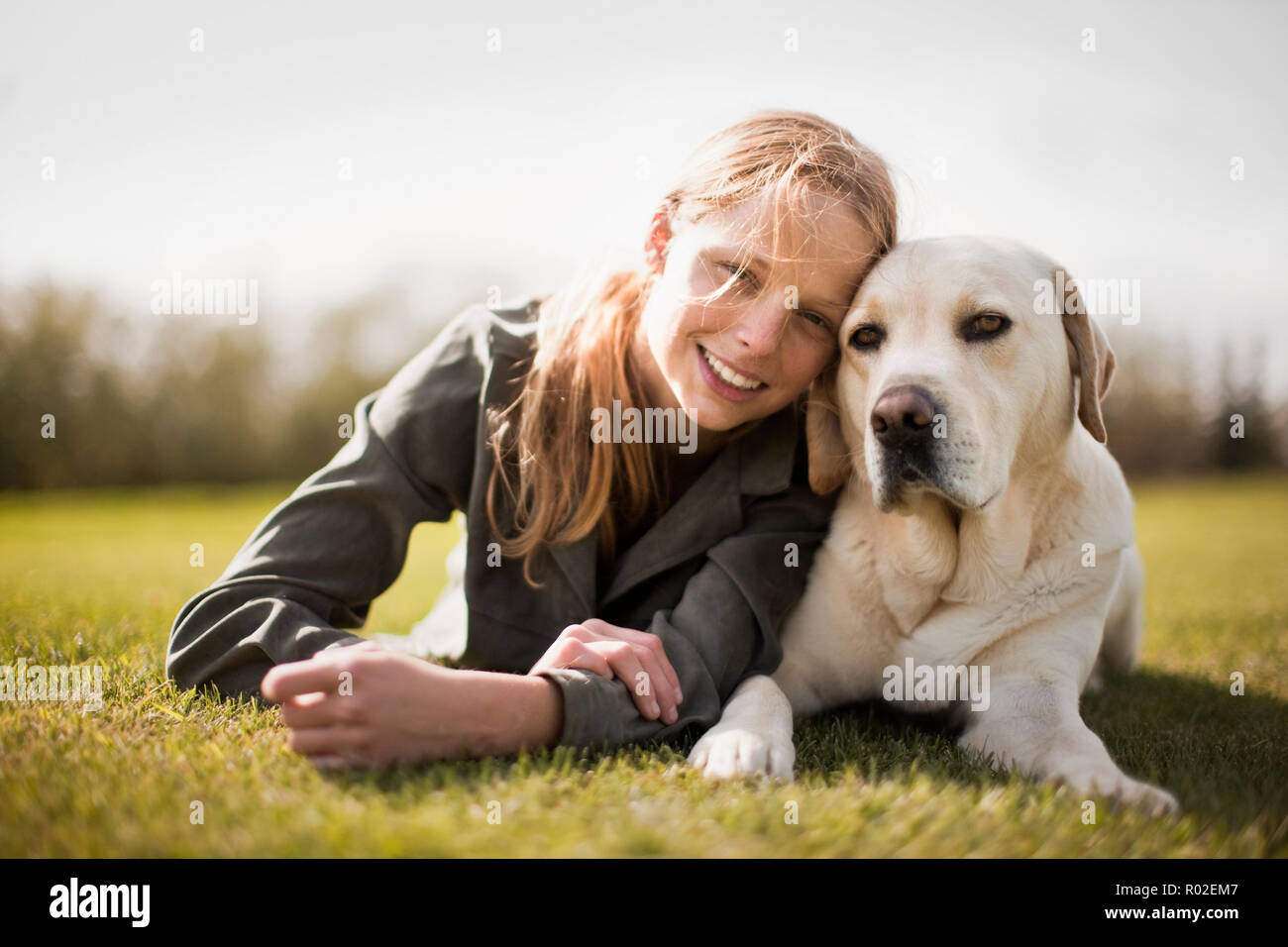 Smiling teenage girl with her Labrador dog Stock Photo Alamy