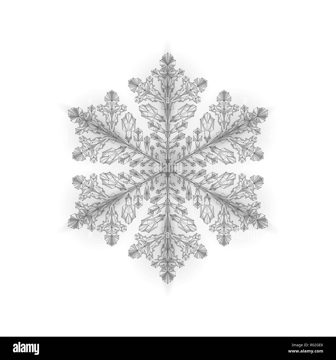 Polygonal low poly festive snowflake. Isolated 3D detailed render geometric triangle greeting card. Ice snow crystal light sparkle Christmas New Year template vector illustration Stock Vector