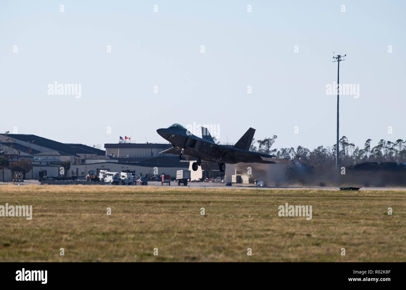 An F-22 Raptor fighter aircraft takes off at Tyndall Air Force Base ...