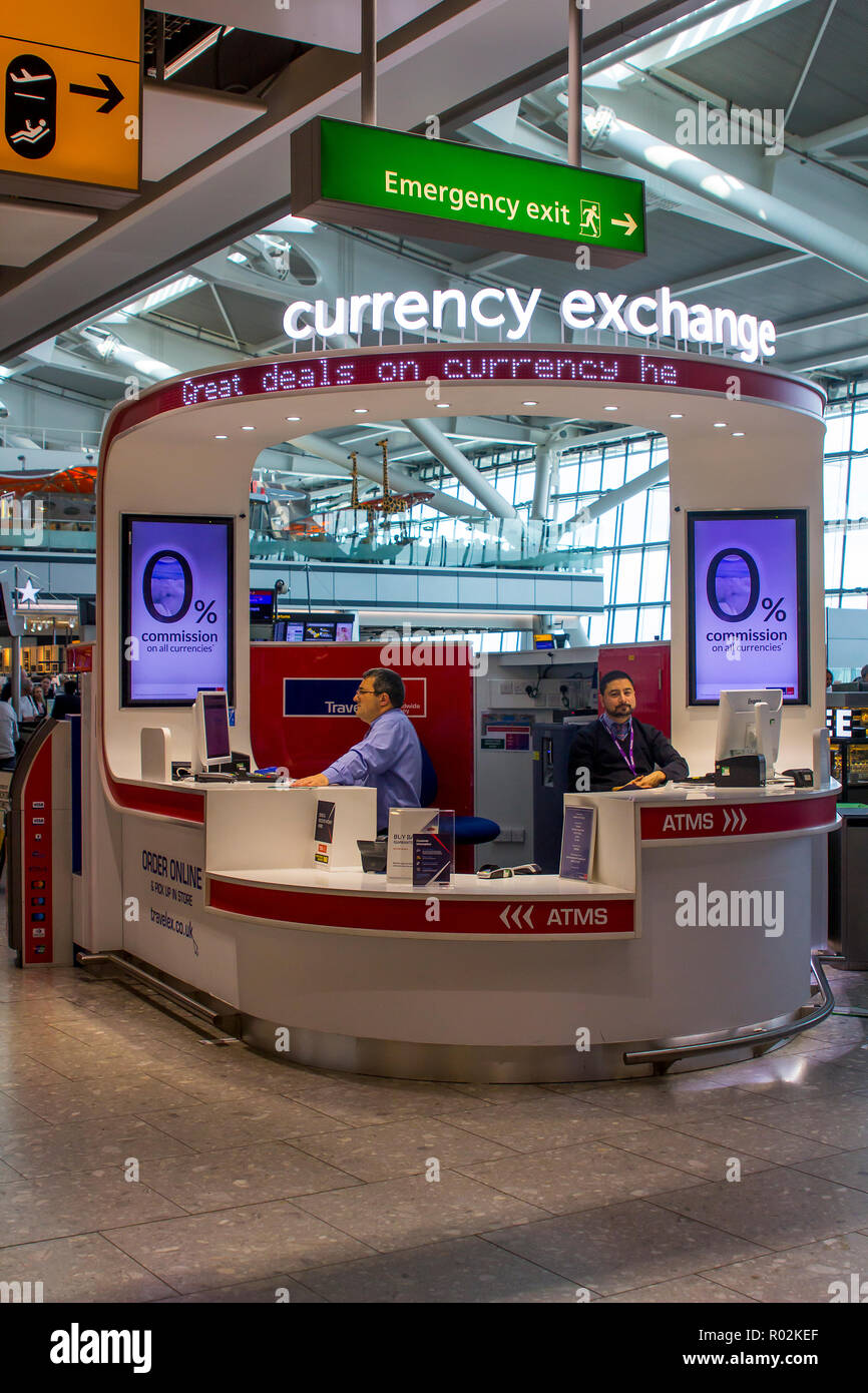 2 May 2018 A small Forex booth in Terminal 5 Heathrow airport Departures in London England. Heathrow is one of the largest and busiest airports in the Stock Photo