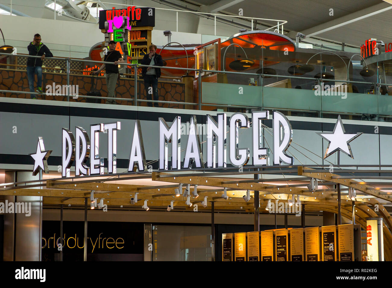 2 May 2018 A Pret A Manger food outlet overhead sign in Terminal 5 Heathrow Airport, Pret A Manger has recently been involed in a fatal food allergy s Stock Photo