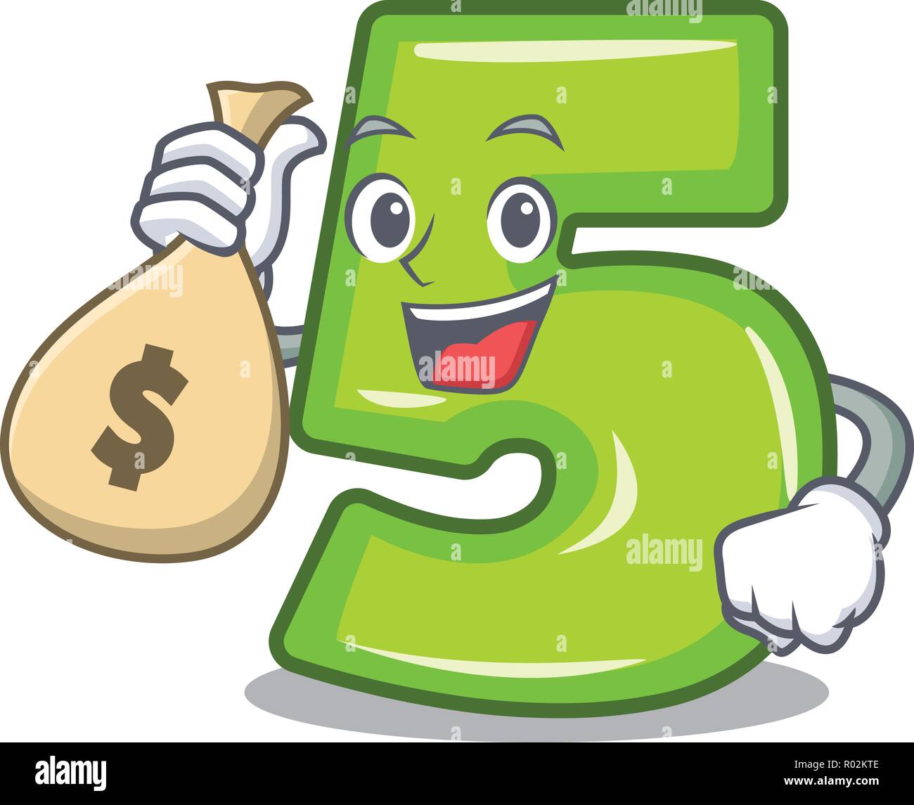 With money bag character number five at wooden door Stock Vector