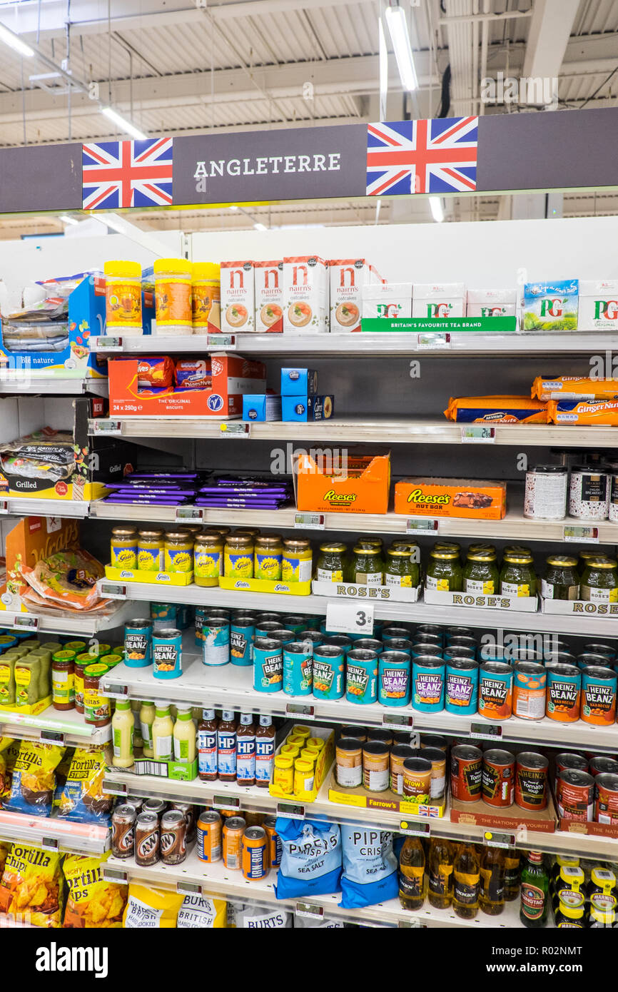 ExPat,British,food,section,on,shelves,aisle,at,Geant,Casino,supermarket,hypermarket,in,Carcassonne,Aude,South,of,France,French,Europe,European, Stock Photo