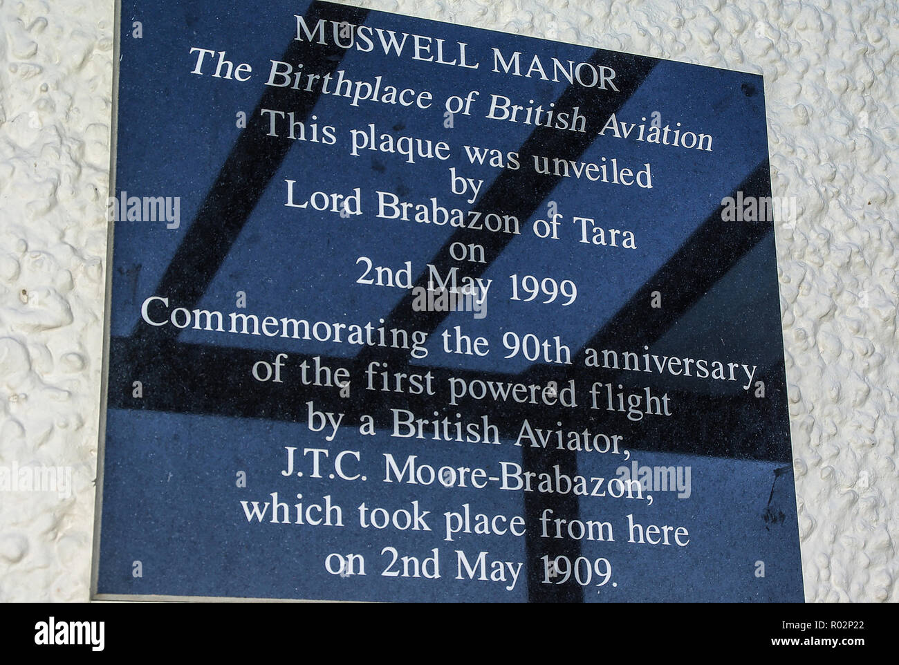 Memorial plaque. Muswell Manor at Leysdown on the Isle of Sheppey in Kent, UK, birthplace of British Aviation. JTC Moore Brabazon first flight Stock Photo
