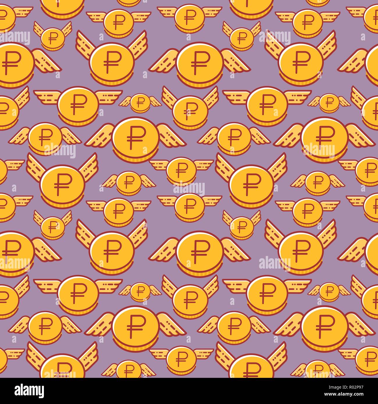 Ruble coins with wings, seamless vector pattern, russian currency Stock Vector