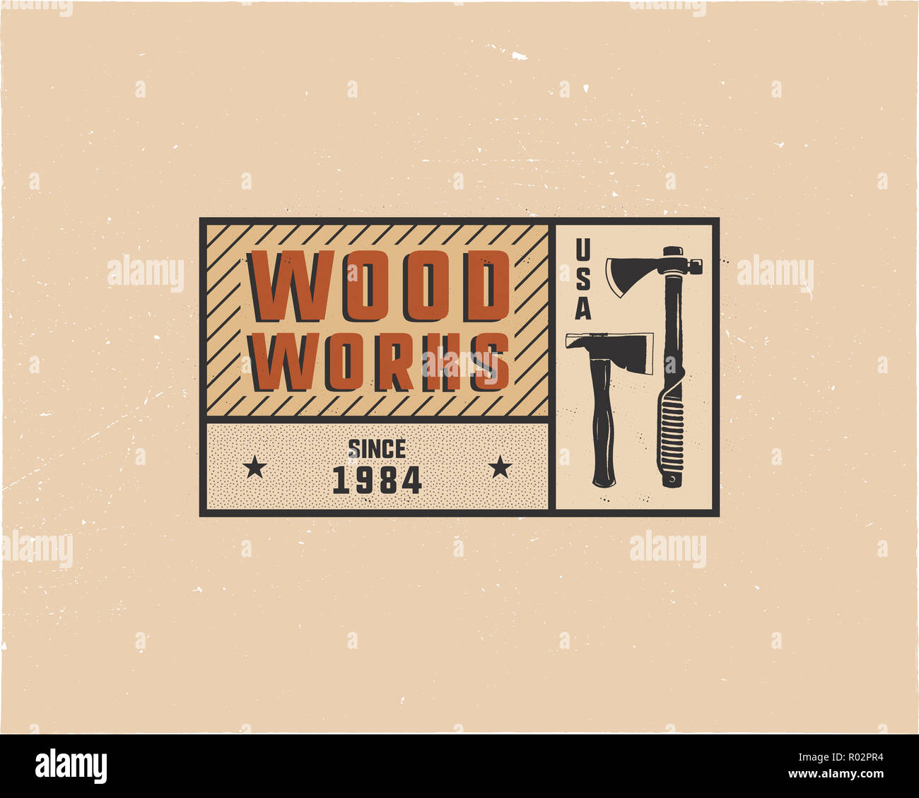 Vintage hand drawn woodworks tag logo and emblem. Carpentry service label, patch. Typography lumberjack insignia with axes and texts. Retro colors style. Stock illusration isolated on white. Stock Photo