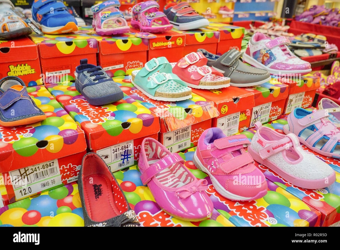 Kota Kinabalu Sabah Malaysia - Dec 30, 2017 : Assorted new kids shoes model at BATA store in Kota Kinabalu. BATA a German company well known for its a Stock Photo
