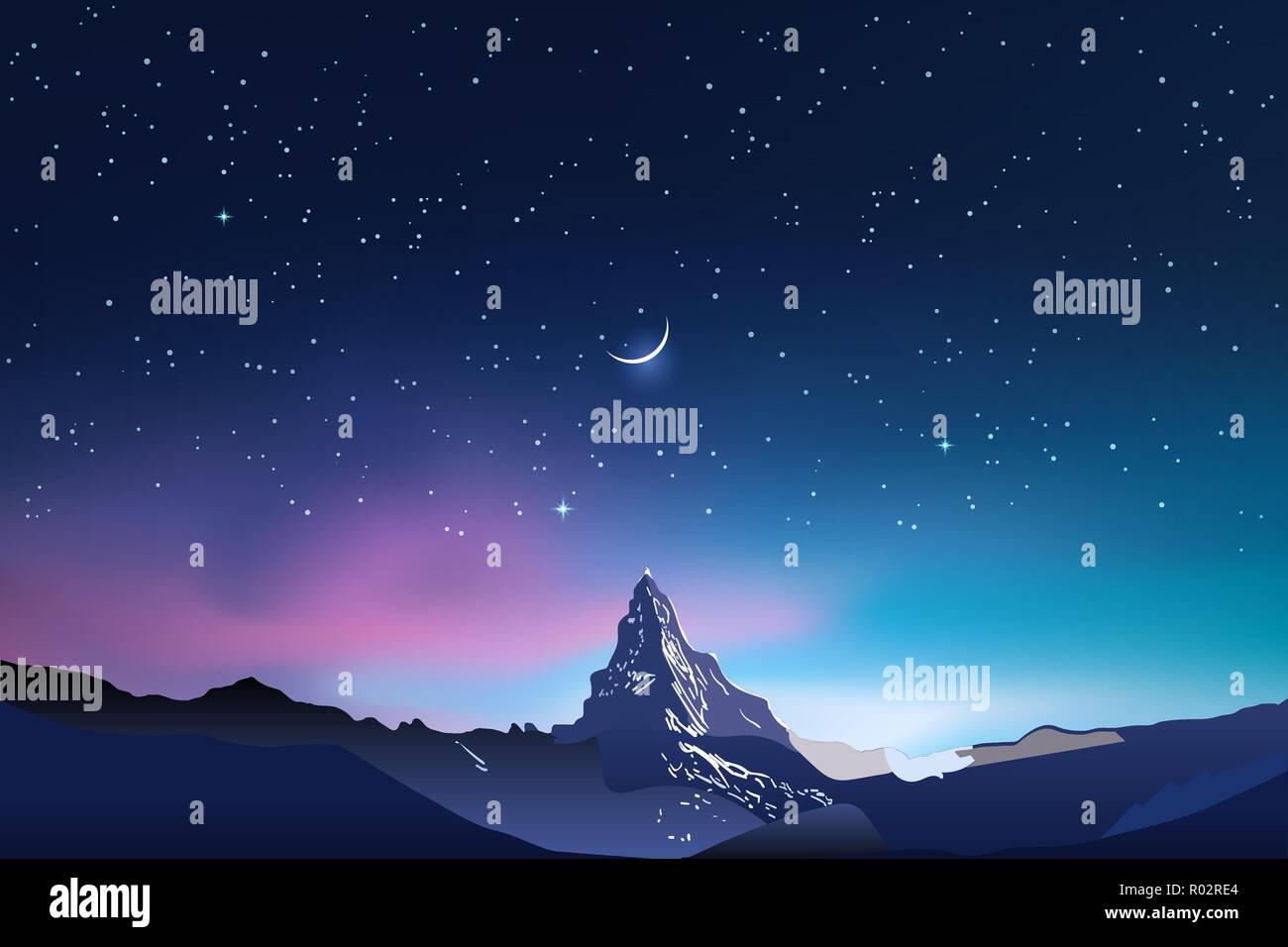 Snowy mountains, pink and blue night sky landscape with stars Stock Vector