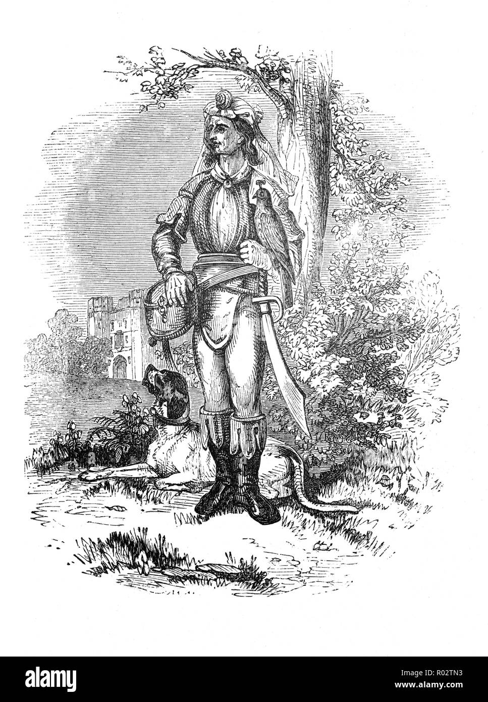 A medieval English falconer. The position of falconer was usually handed down from father to son. In a royal household he was called Lord Falconer, sitting fourth from the king at table. He was responsible for capturing, training and caring for the hawks. He was a key number of the hunt, planning with the lord which birds to fly at which prey. He also rode to war with the lord, bringing the birds along to hunt for food. Stock Photo