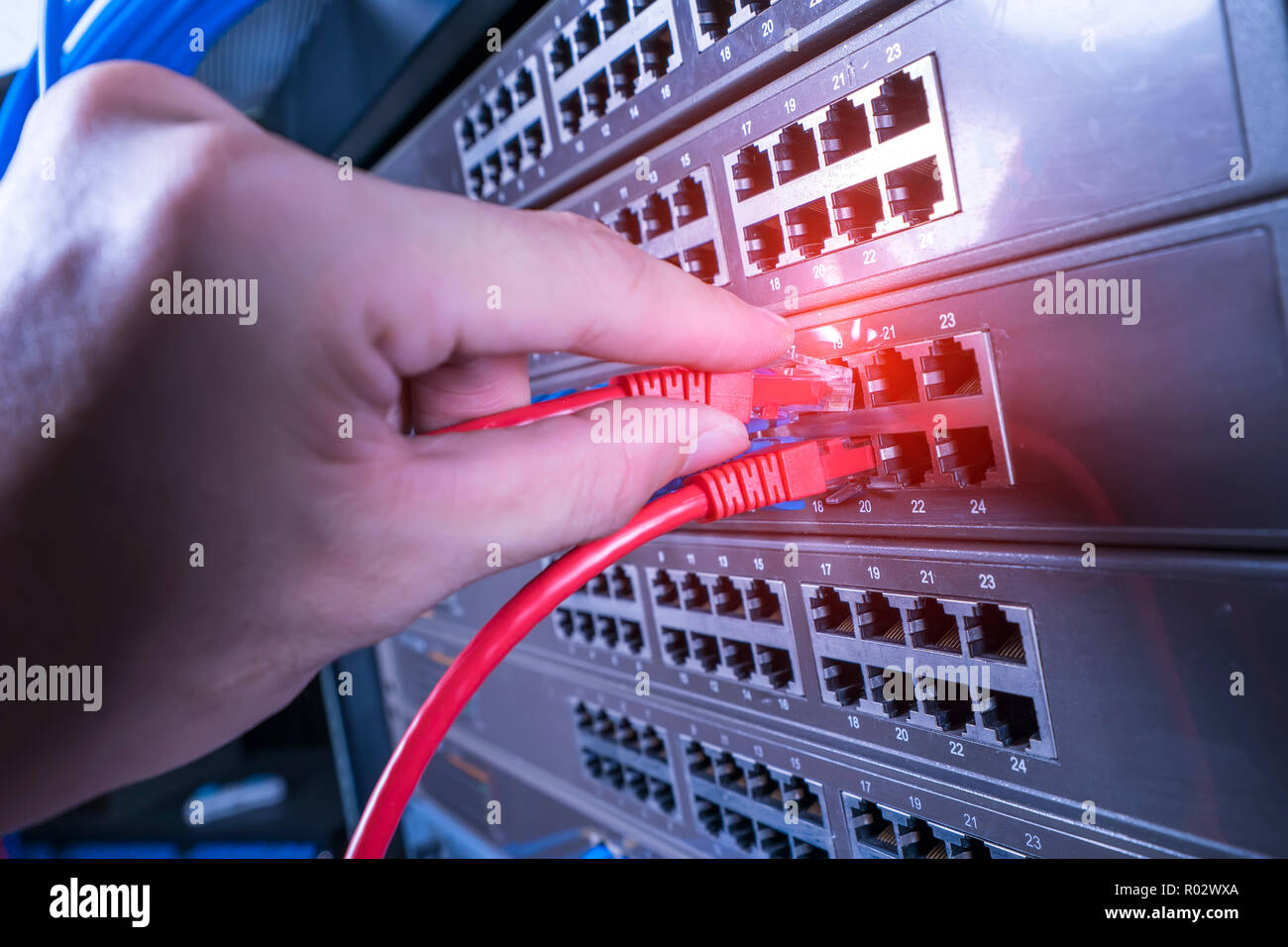 hand holding network cable on the switch hub in server room background Stock Photo