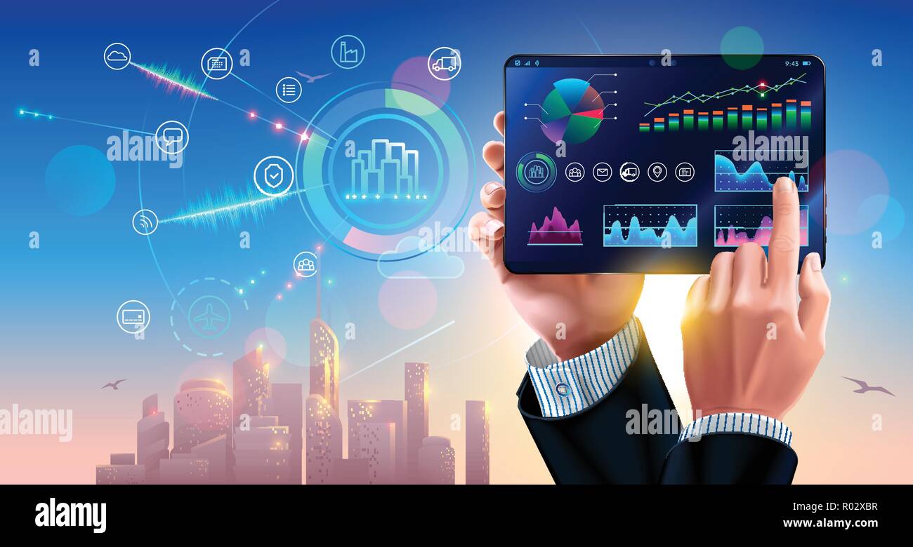business finance diagram and strategy of sale on screen tablet in hands