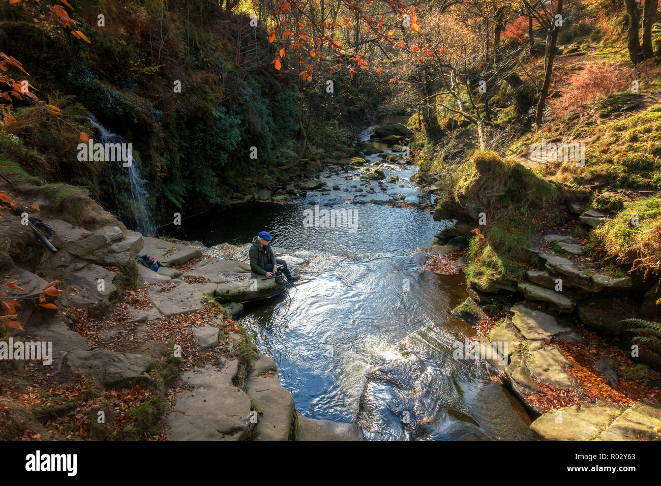 Senior photographer taking a long exposure photograph of waterfalls in autumn using a tripod, Lumb Hole Falls, near Hebden Bridge and Hardcastle Crags Stock Photo