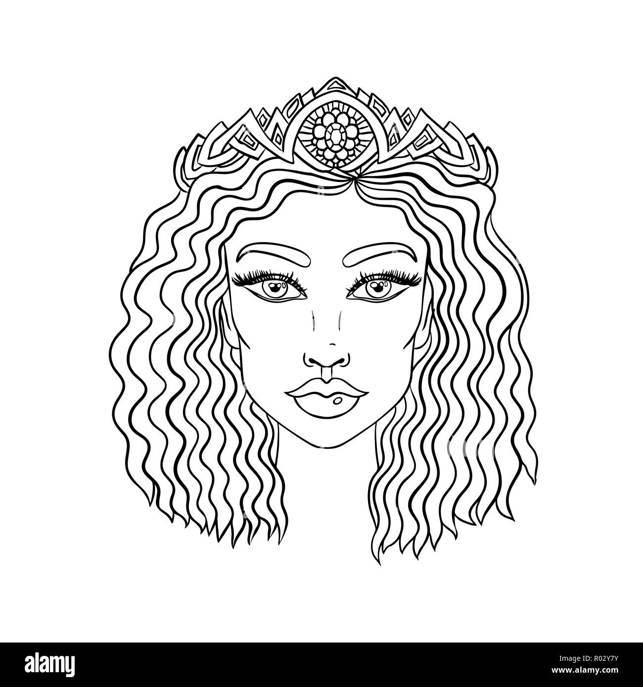 Doodle girls face. Womens portrait for adult coloring book. Vector illustration. Stock Vector