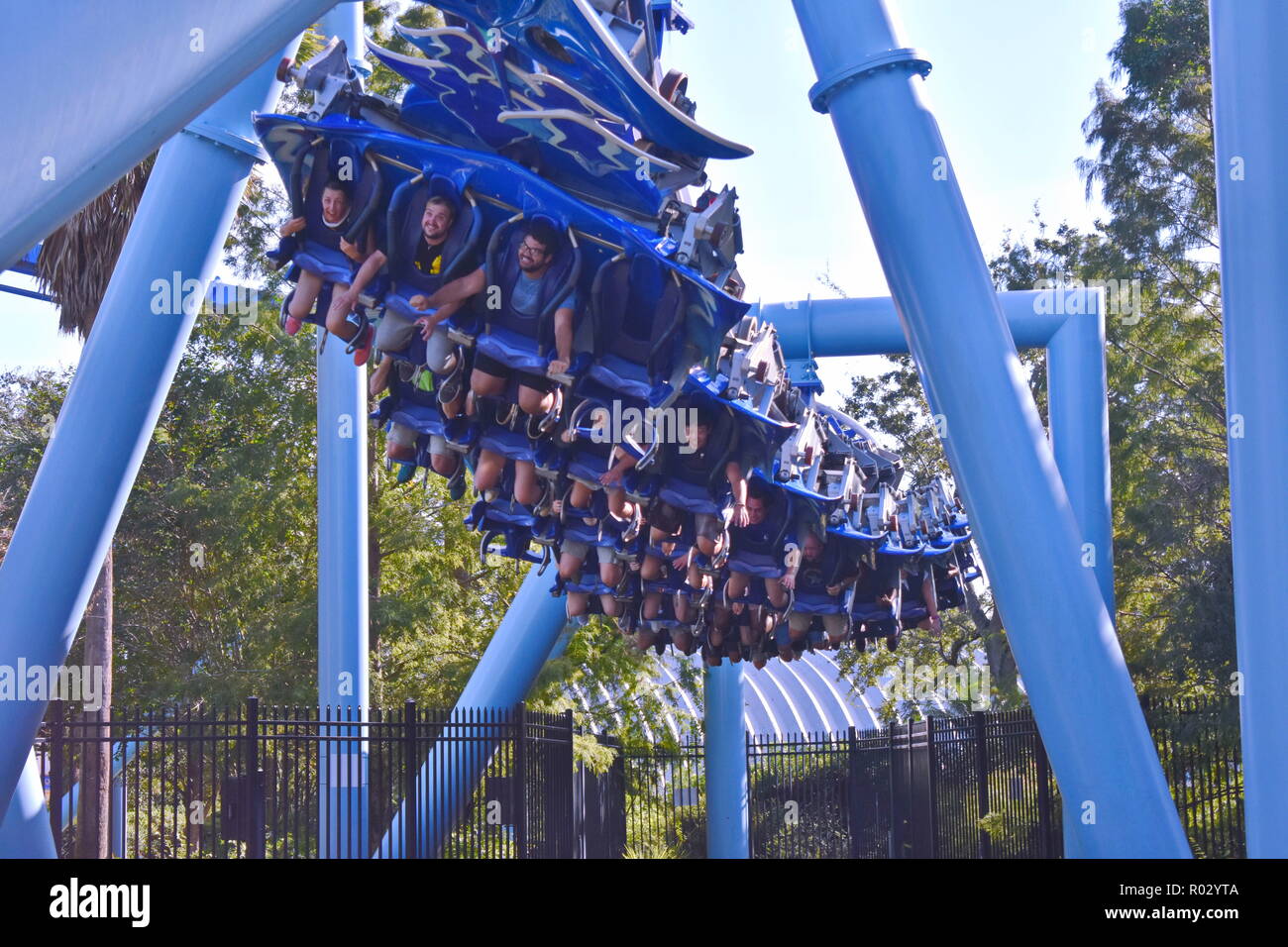 Orlando, Florida. October 19, 2018 People moving forwards in flying mode in  Manta Ray Rollercoaster at Seaworld Theme Park Stock Photo - Alamy