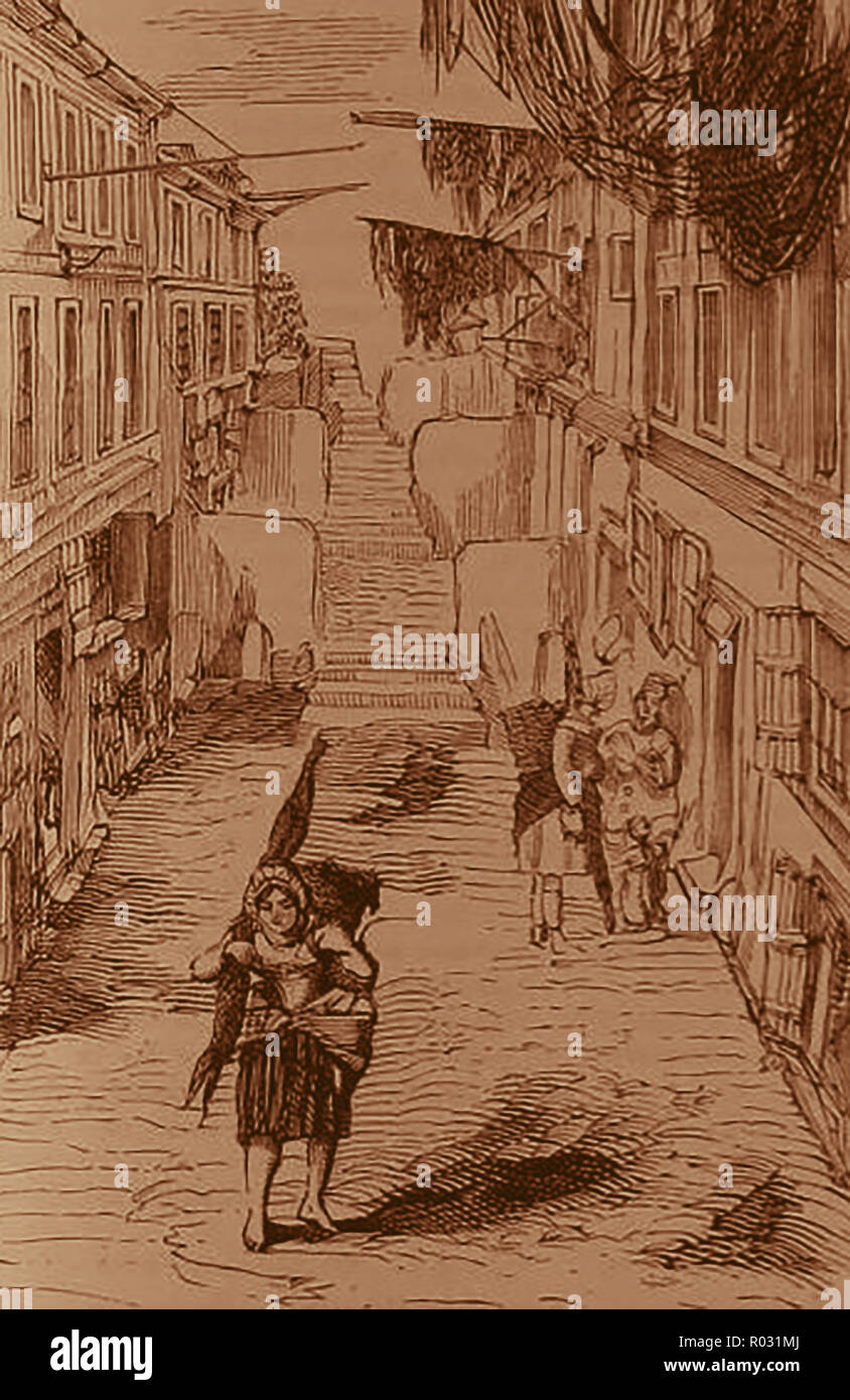 1859- How people dressed in the french fishing communities- A street in the Fishermen's quarter, Boulogne - From a publication of the time Stock Photo