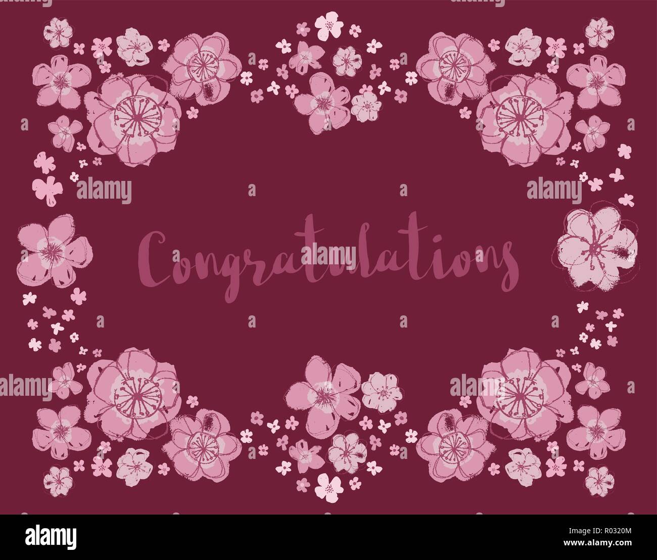 Congratulations vector pink and dark maroon editable floral wreath on a deep burgundy background. Stock Vector