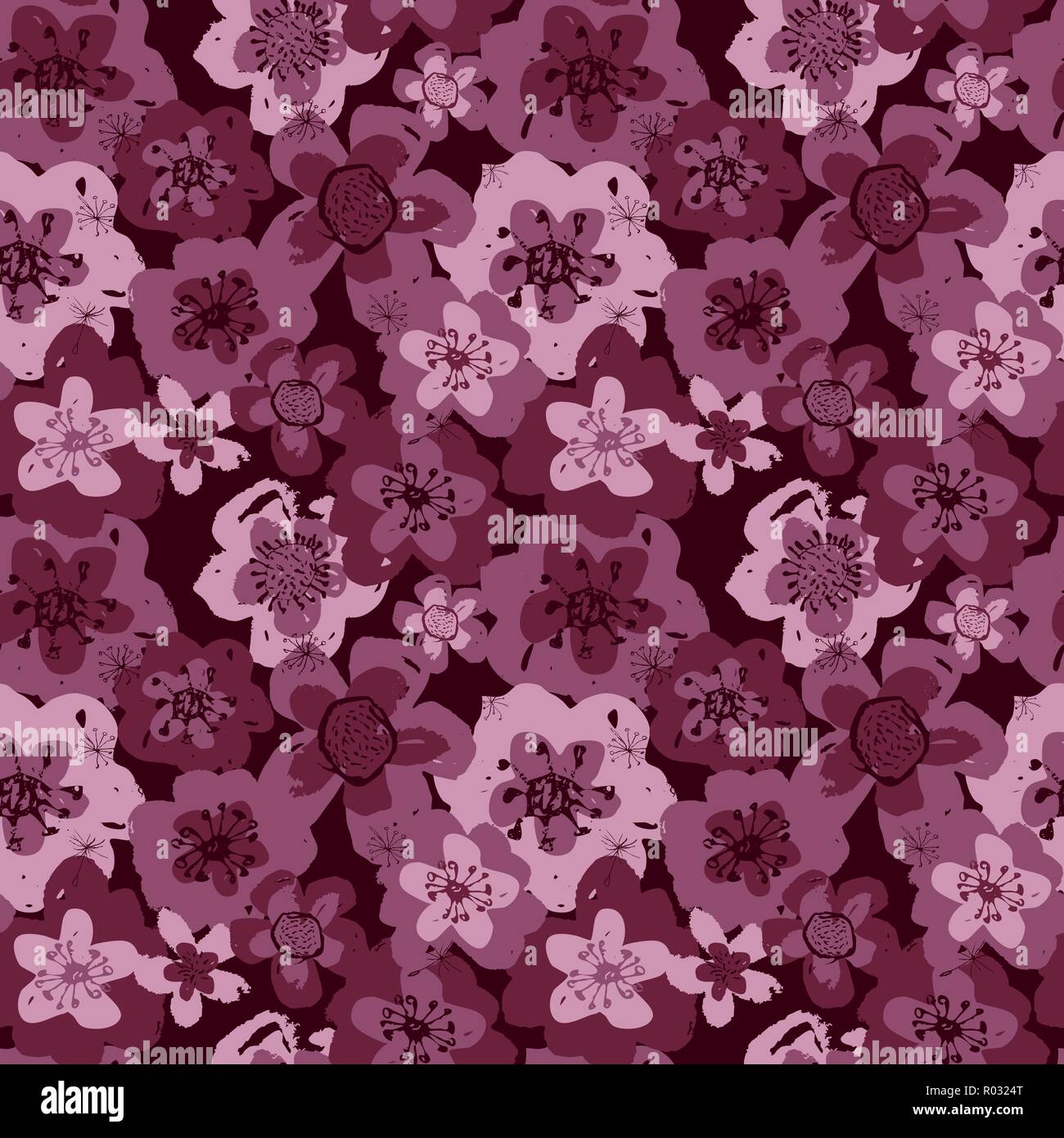 Sophisticated vector pink and burgundy floral seamless pattern on dark