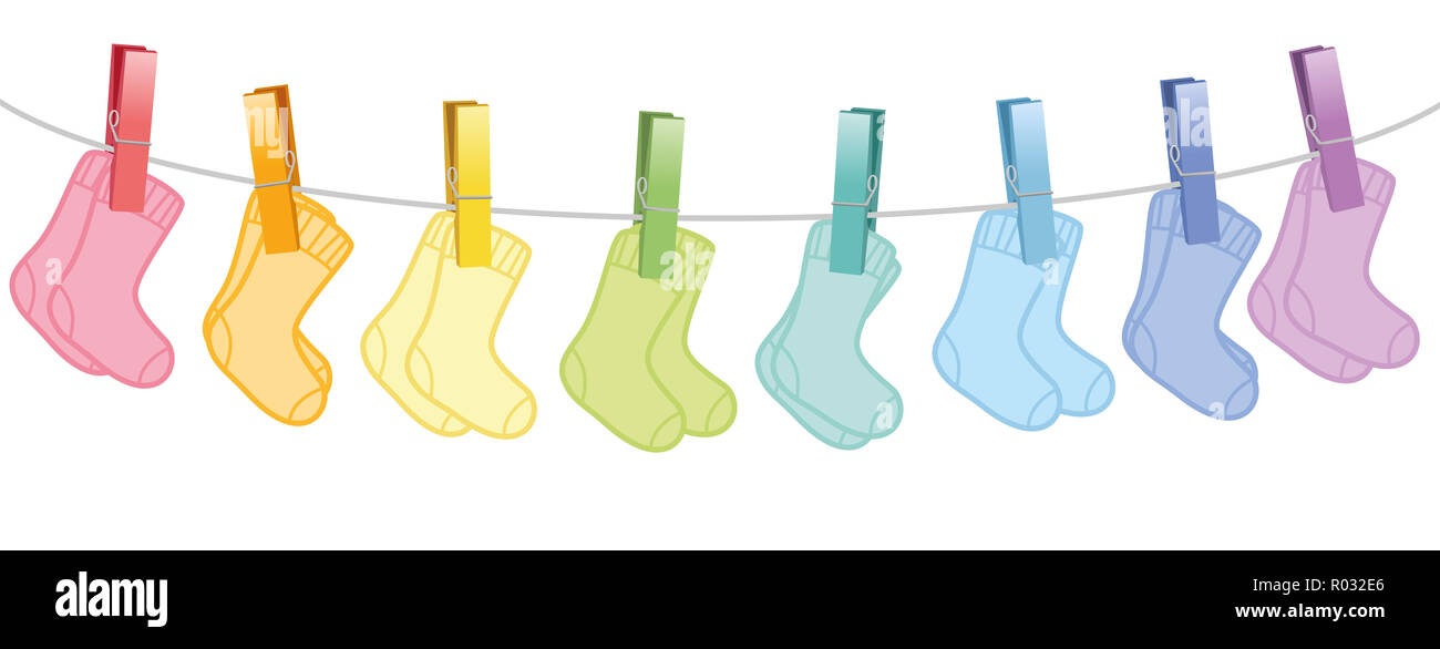 Baby socks. Colored pairs hanging on a clothes line - illustration on white background. Stock Photo
