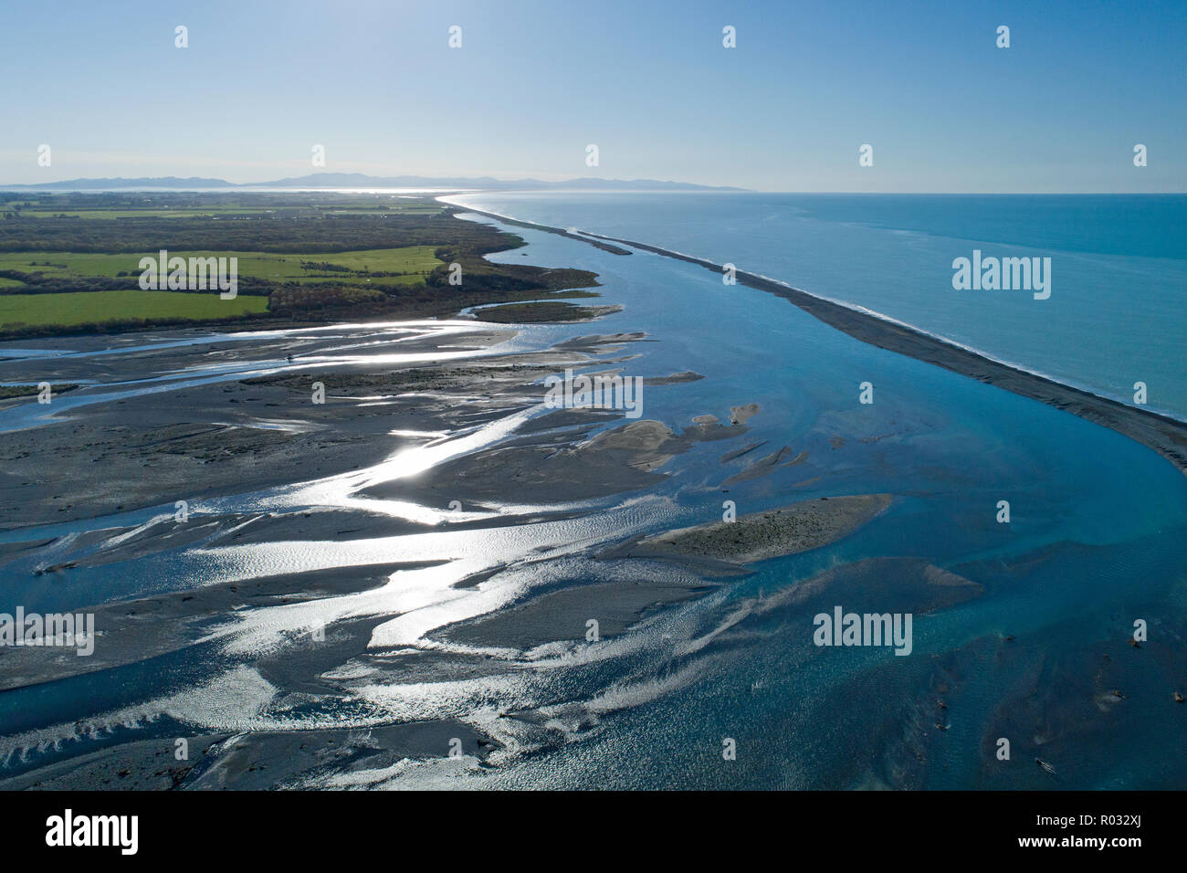 Rakaia River Mouth, and Pacific Ocean, Mid Canterbury, South Island, New Zealand - aerial Stock Photo