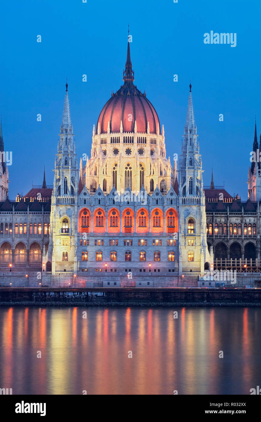 Parliament Building reflected in River Danube, Budapest, Hungary Stock Photo