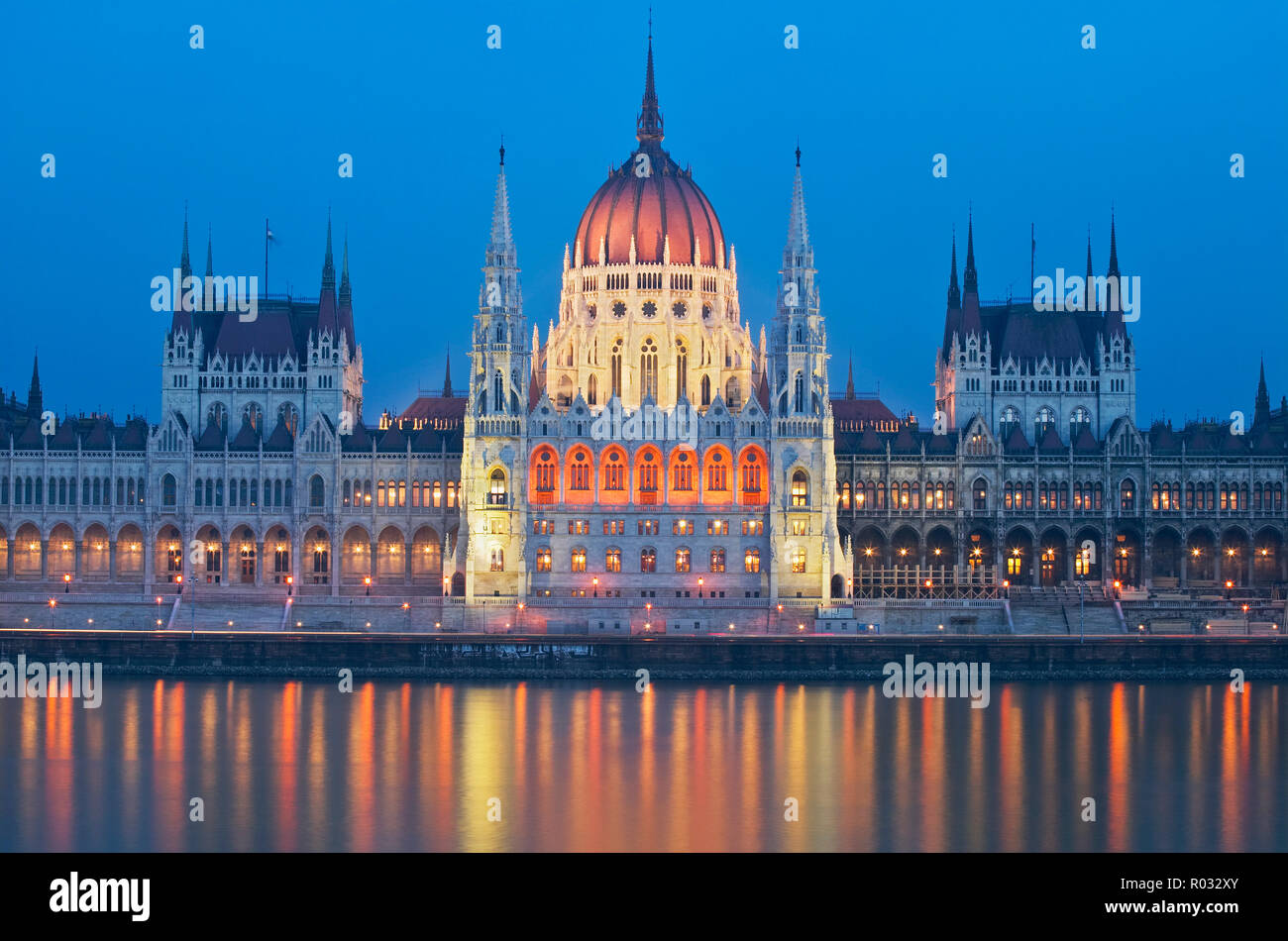 Parliament Building reflected in River Danube, Budapest, Hungary Stock Photo