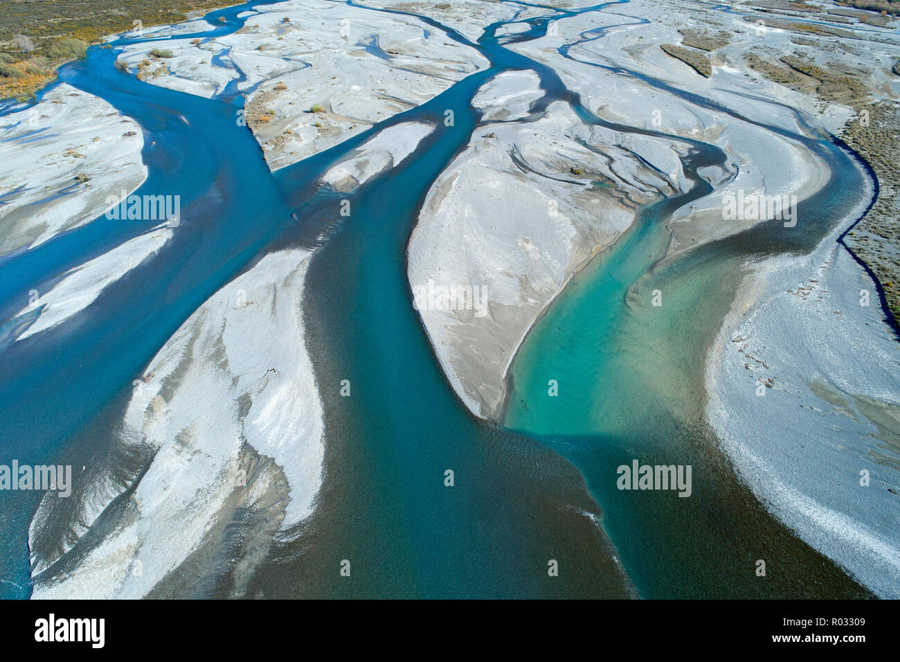 Braids of Rakaia River, near Rakaia, Mid Canterbury, South Island, New Zealand - aerial Stock Photo