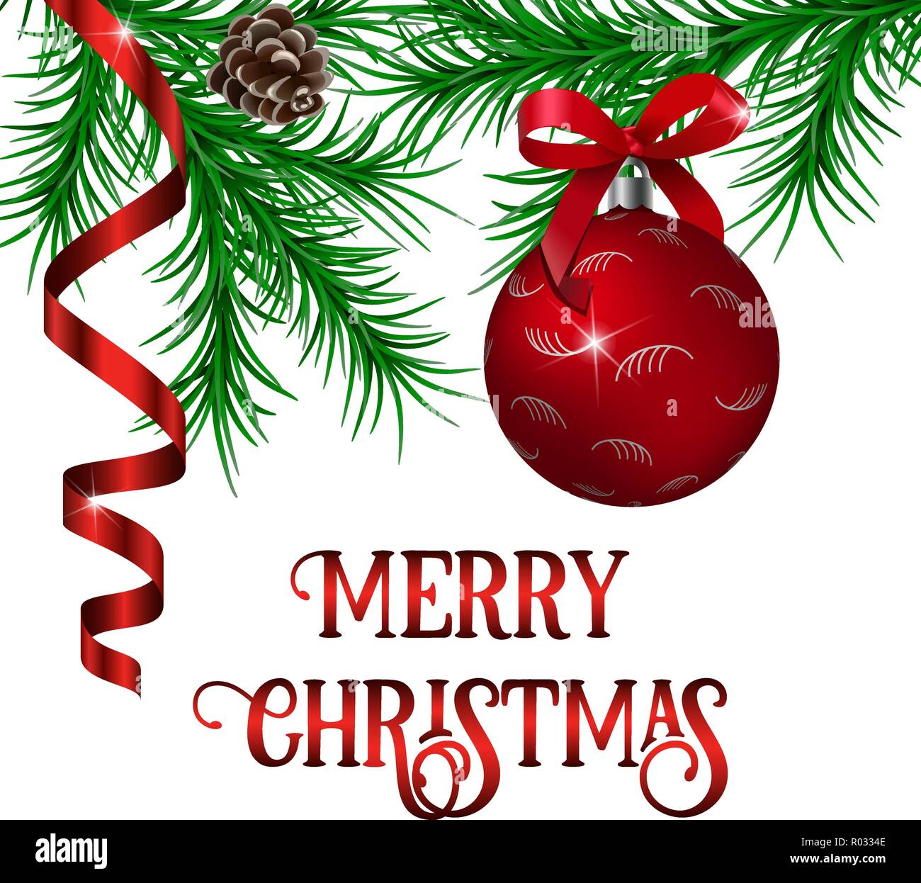 Christmas background with festive decoration. fir branch, cone, garland,  metallic ribbon, christmas red ball, text Merry Christmas. template, print,  p Stock Vector Image \u0026 Art - Alamy, image size:1300x1246