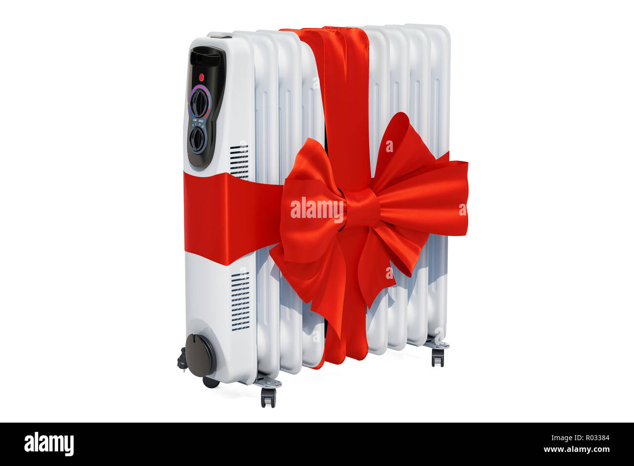 Electric oil heater, oil-filled radiator with red ribbon and bow. 3D  rendering isolated on white background Stock Photo - Alamy