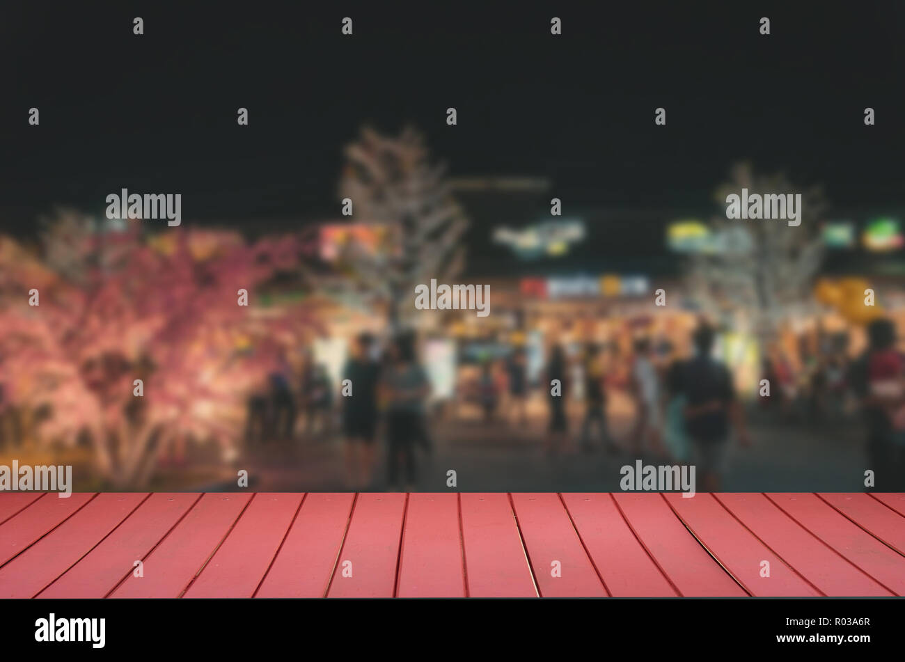 Wood Top Table And Abstract Blurred Food Festival Blurred Tourists