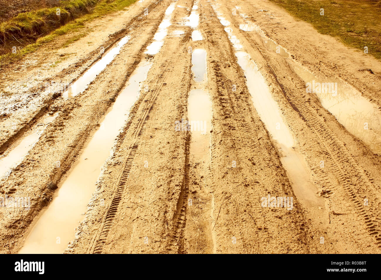 Sandstone covered rural road after the rain with wheels traces filled with water Stock Photo