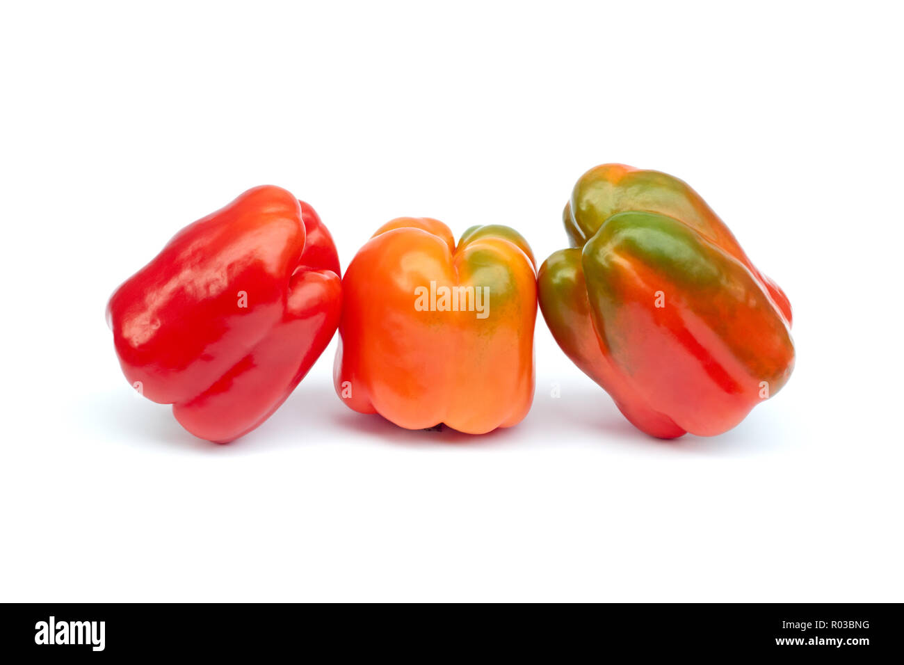 Three sweet pepper fruits on a white background Stock Photo Alamy