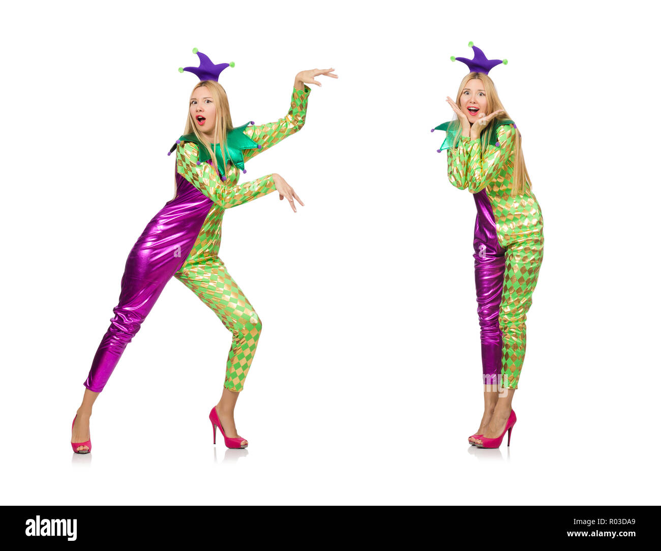 Woman wearing clown costume isolated on white Stock Photo - Alamy