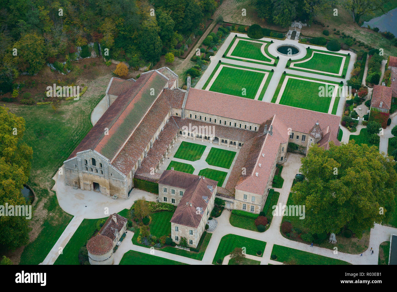 AERIAL VIEW. Fontenay Abbey. Montbard, Côte d'Or, Bourgogne-Franche-Comté, France. Stock Photo