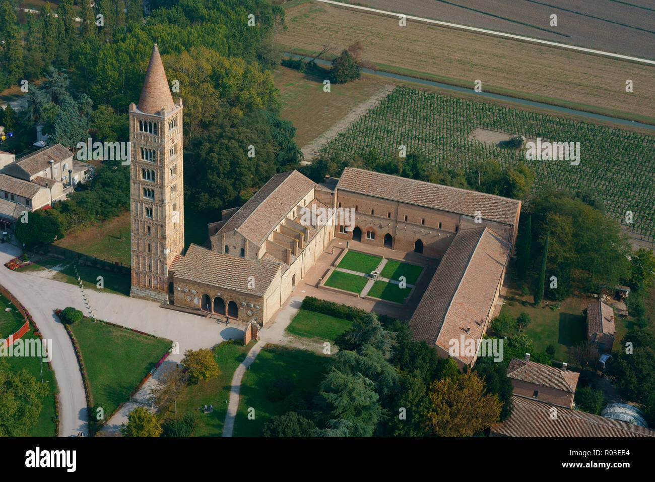 AERIAL VIEW. Benedictine Abbey of Pomposa. Codigoro, Province of Ferrara, Emilia-Romagna, Italy. Stock Photo