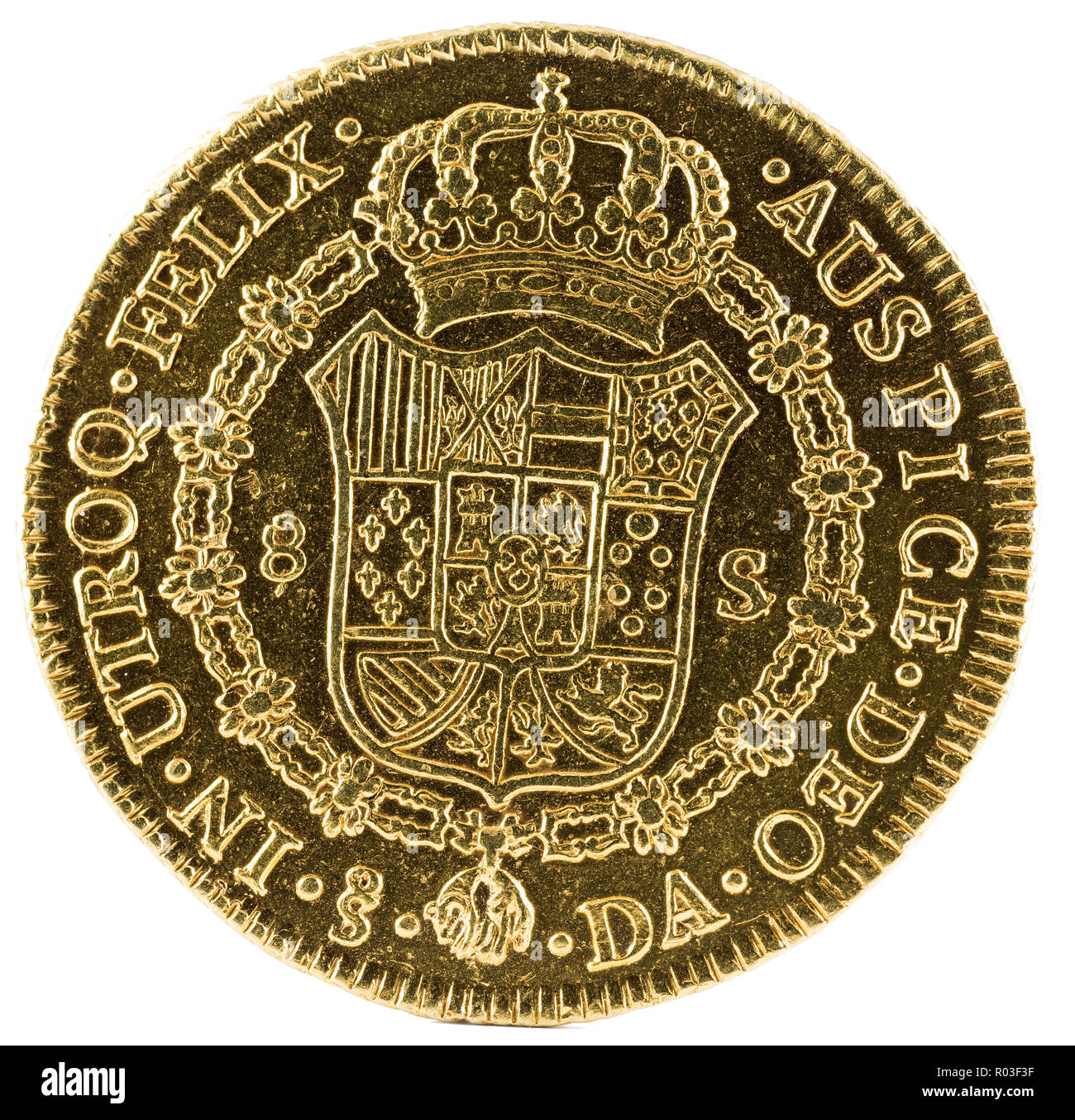 Ancient Spanish gold coin of King Carlos III. With a value of 8 escudos