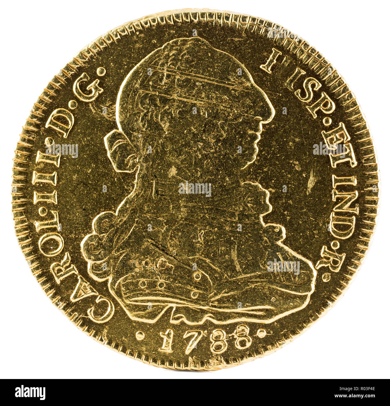 Ancient Spanish gold coin of King Carlos III. With a value of 8 escudos