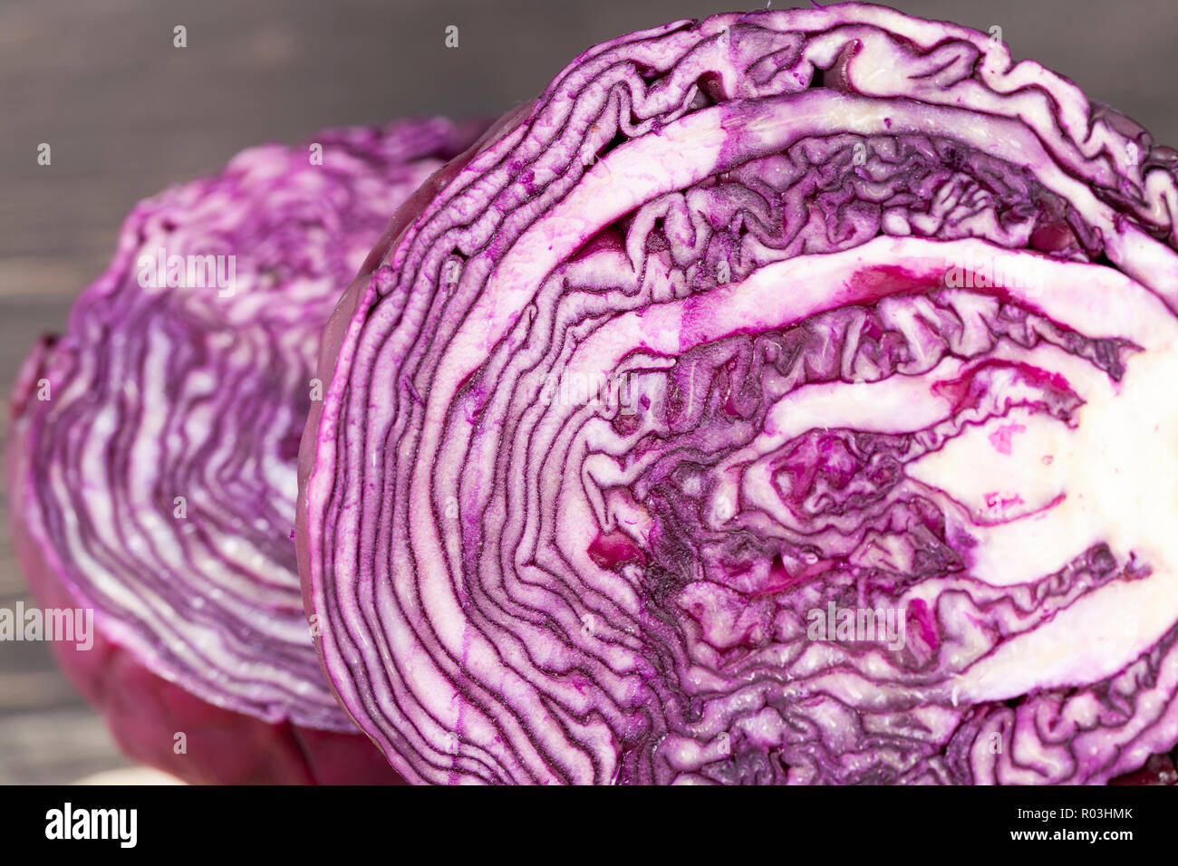 purple cabbage sliced into a bowl for making salad of a beautiful unusual color, details of a plant Stock Photo