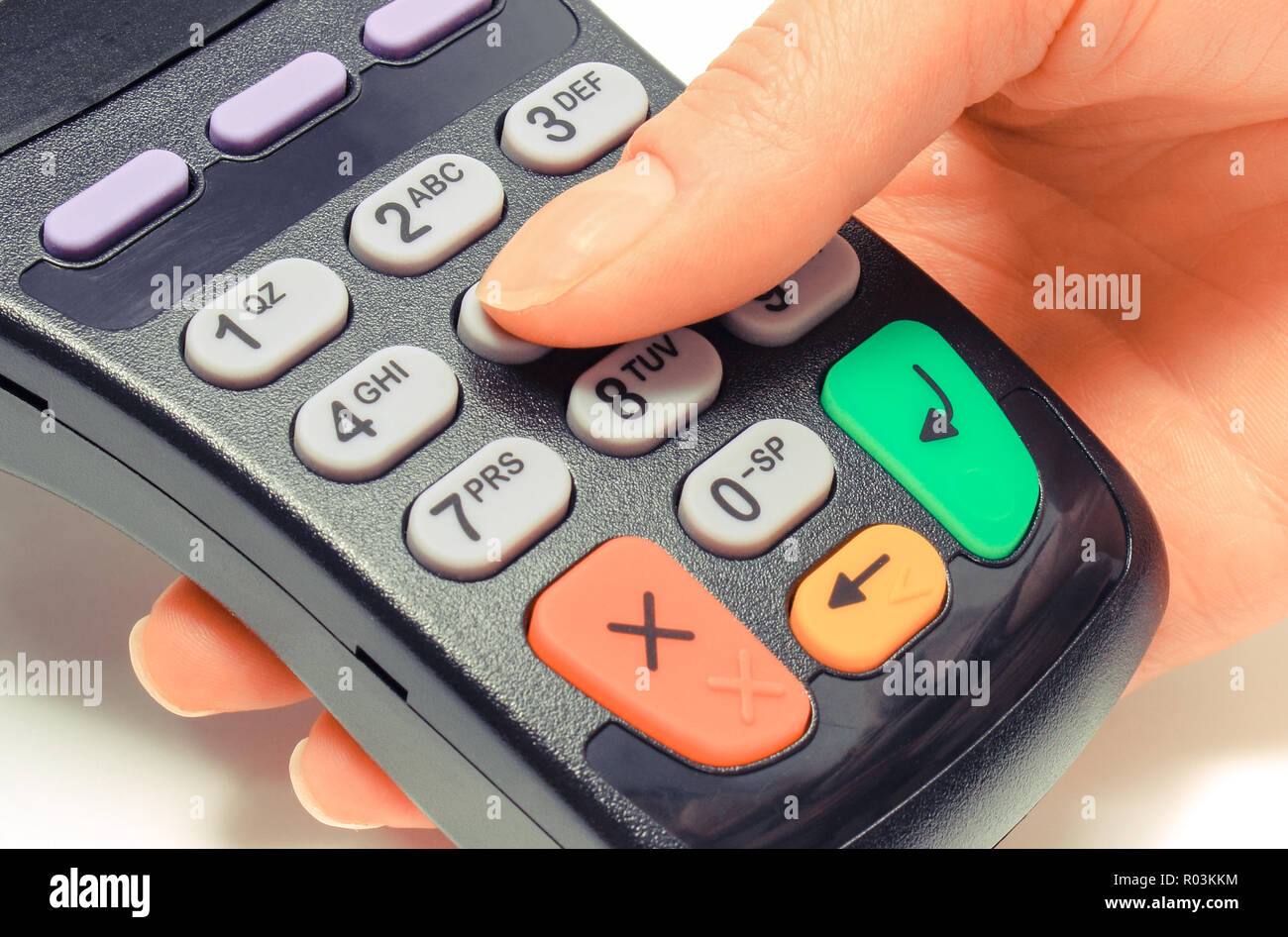 Enter personal identification number on credit card reader, finance and