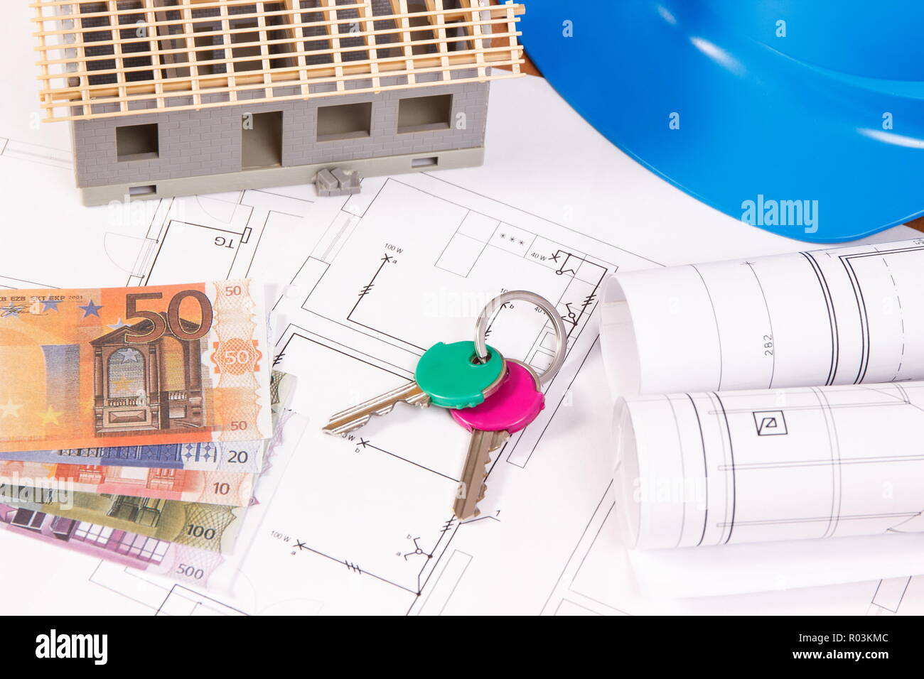 Currencies Euro Home Keys Electrical Drawings Or Diagrams For Engineer Jobs And House Under Construction Concept Of Building Home Cost Stock Photo Alamy