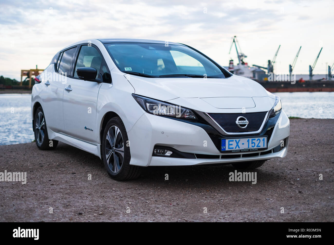 RIGA, MAY 2018 - Nissasn LEAF - fully electric zero emissions vehicle is displayed for editorial purposes. Stock Photo