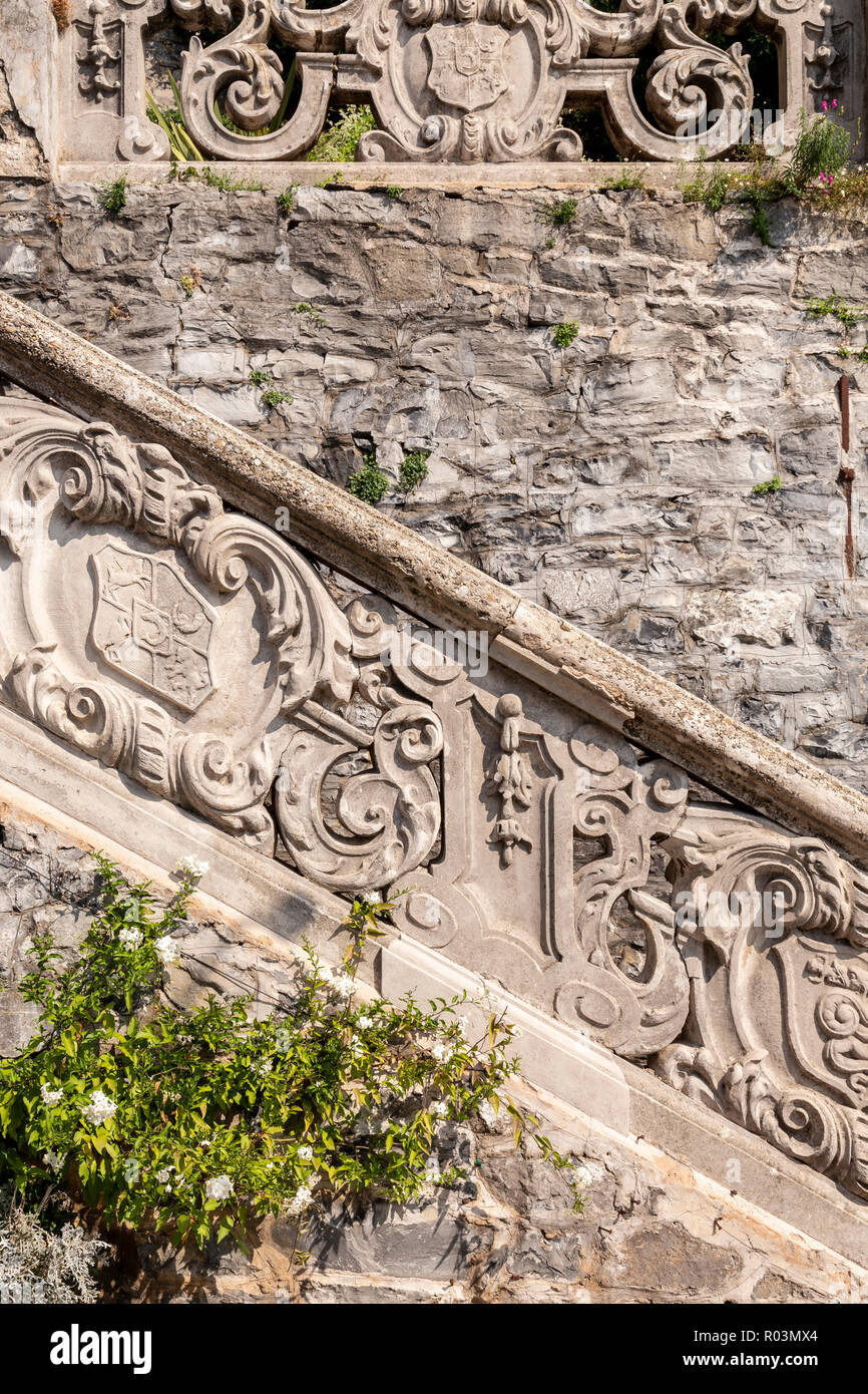 Carved stone balustrade at Villa Monastero, Varenna, Italy Stock Photo